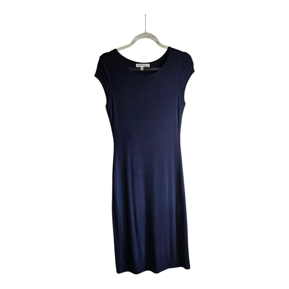 Velvet Torch Midi Dress Navy Blue Cap Sleeve Stretch Lined Size M made in USA